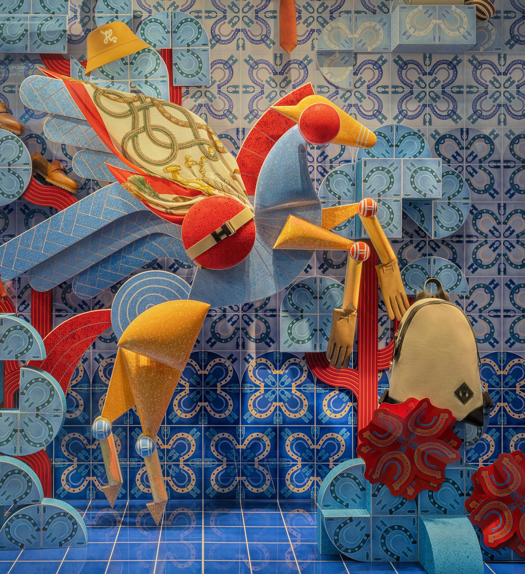 Hand-drawn tiles break free from their grid, transforming into living landscapes where Hermès objects become the heart of the tale.